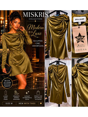 Julia Allert Olive Green Asymmetrical Satin Dress Size M Designer Cocktail Party
